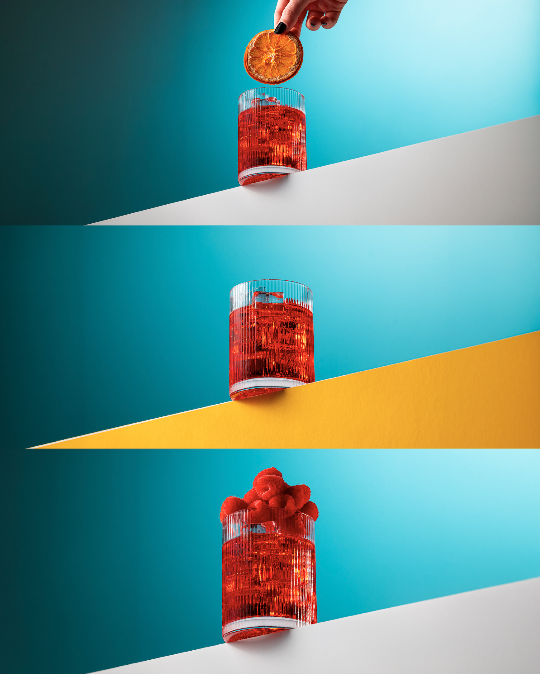 Three red drink photographs on turquoise backgrounds